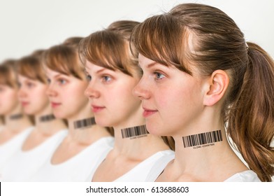 A lot of women in a row with barcode on neck - genetic clone concept
