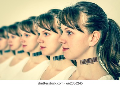 A lot of women in a row with barcode on neck - genetic clone concept - retro style
