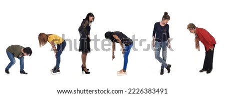 women searching at floor on white background