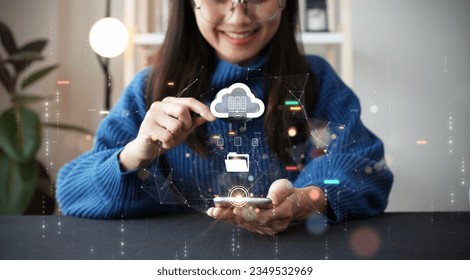 Women searching new storage alternative to smartphone storage using cloud or edge computing to back up data. Digital technology concept, data sheet management large database capacity and high security - Powered by Shutterstock