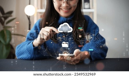 Women searching new storage alternative to smartphone storage using cloud or edge computing to back up data. Digital technology concept, data sheet management large database capacity and high security