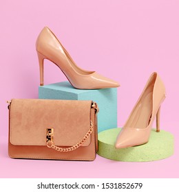 Women Shoes And Bag. Pastel Colours Geometric Space. Fashion And Glam Concept Art