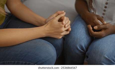 Women sitting together at home, hands clasped, in a close-up view indoors, implying a conversation or support in a cozy living room setting - Powered by Shutterstock