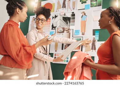 Women, sketch or fashion meeting for planning clothing, fabrics or boutique clothes with teamwork together. Happy creative designers talking, speaking or working on group ideas or strategy in office - Powered by Shutterstock