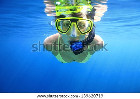 Women with snorkeling equipment in the blue sea