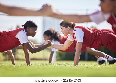 Women Soccer, Football Or Team Sports Holding Hands In Unity, Support Or Motivation In Routine Workout, Exercise Or Training Drill. Diverse Group Of Fit, Active Or Healthy Athletes And Girls On