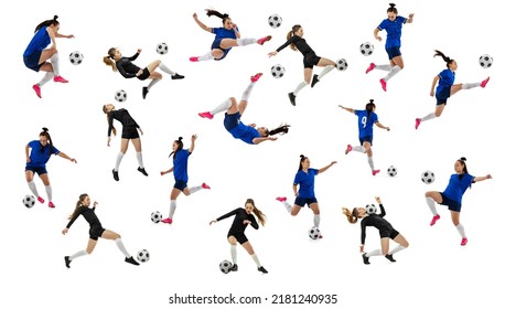 Women in sports. Set of dynamic images of female professional football soccer players with ball in motion, action isolated on white studio background. Sport, attack, defense, fight, kick. Championship - Powered by Shutterstock