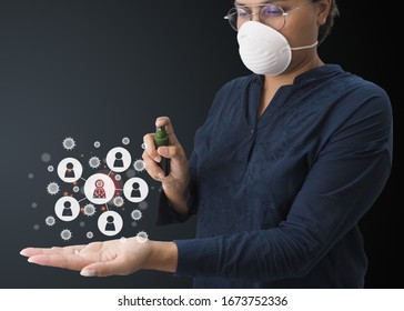 Women spray 70% alcohol on the left hand side To inhibit the virus by the graphic showing the infection Covid-19 from person to person. - Shutterstock ID 1673752336