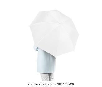 Women stand backwards with white blank umbrella opened mock up isolated. Female person hold clear umbel overhead. Plain surface gamp mockup. Man holding protective accesory gingham cover handle.