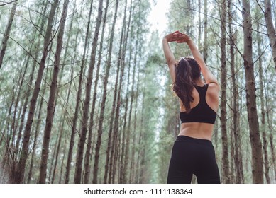 Women stretching arms and breathing fresh air in middle of pinewood forest while exercising. Workouts and Lifestyles concept. Happy life and Healthcare theme. Nature and Outdoors theme. Back view