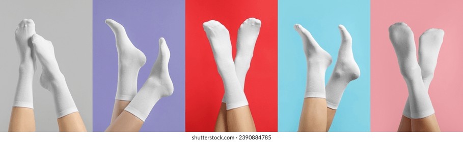 Women in stylish white socks on color backgrounds, collection of photos