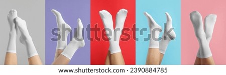 Women in stylish white socks on color backgrounds, collection of photos