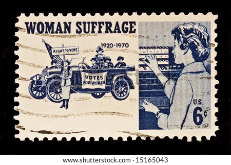 Women Suffrage,the right to vote postal stamp was issued in 1970. The stamp shows suffragettes,1920,and women voters.