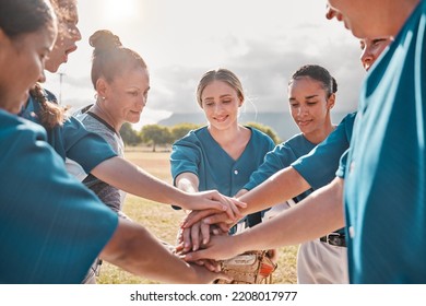 Women support, baseball hands and sports game on field, team collaboration in sport event and diversity for success in competition. Athlete teamwork with trust, solidarity and community at training - Powered by Shutterstock