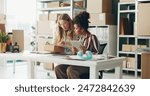 Women, tablet and teamwork for office logistics, package and e commerce checklist with stock of online shop. Small business people or seller with digital tech, box and clipboard for website order