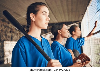 Women, team and softball, sports and game with fitness, professional and athlete group together. Mission. confidence and support, trust and exercise, people ready to play baseball and club in dugout - Powered by Shutterstock