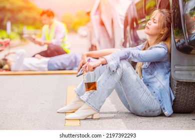 Women Teen Drunk Drink Alcohol During Drive A Car Accident At Roadside Sitting Sleep Unconscious