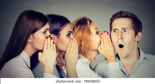 Women telling gossip and sharing with rumors talking to man on gray. 