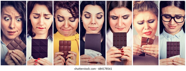 Women Tired Of Diet Restrictions Craving Sweets Chocolate. Human Face Expression Emotion. Feelings Of Guilt
