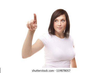Women touching the screen on white background