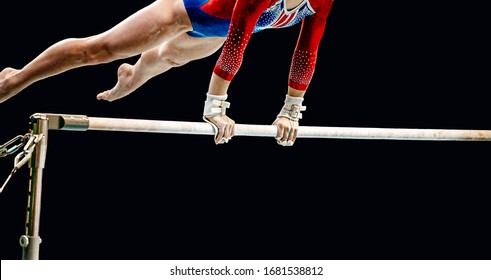 Women Uneven Bars Artistic Gymnastics In Black Background