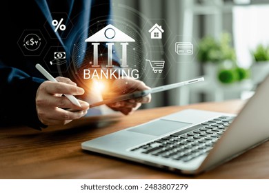 Women use digital tablet connected digital banking global network virtual, smart fintech service, exchange currency, Financial innovation technology online, financial and investment.