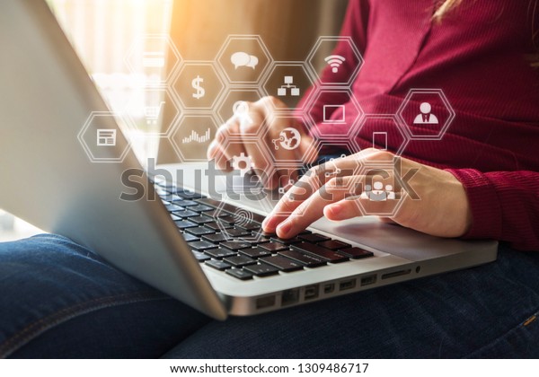 Women Use Keyboard Laptop Printing Mobile Stock Photo Edit Now