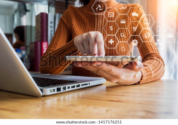Women Use Keyboard Laptop Printing Mobile Stock Photo Edit Now