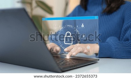 A women using computer with data privacy protection from digital threats. Virtual private network. Protect system hardware, software applications connect to Internet .Cybersecurity technology concept.