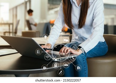 Women Are Using Laptop Wifi Connection On The Desk.