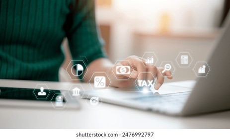 Women using laptops to fill out personal income tax returns and pay taxes online illustrate the tax concept. This process involves state tax, financial research, data analysis, and managing documents,