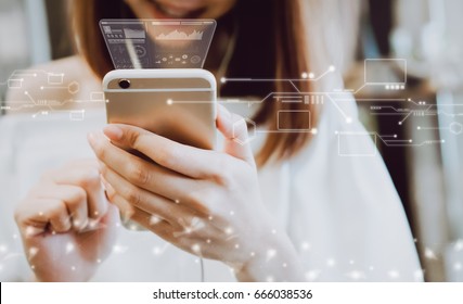 Women using a smartphone in the display and technology advances in stores. Take your screen to put on advertising. - Shutterstock ID 666038536