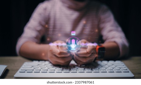 Women using technology smart robot chat AI, enter command prompts, Questions and Answers, search data, and Futuristic technology transformation. AI voice command concept. AI, Artificial Intelligence. 