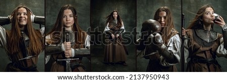 Women at war. Photoset made of vintage portraits of young woman, medieval female warrior or knight with dirty face looking at camera isolated over dark retro background. Comparison of eras, history
