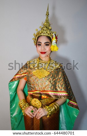 Women wear costumes Ayutthaya period of Thailand with white background.