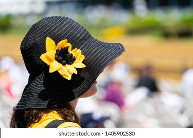 A Women Wearing A Black Hat With A Flower On Itat A Horse Race.