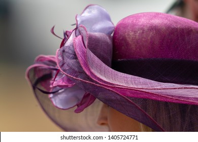 A Women Wearing A Decretive Hat At A Horse Race.