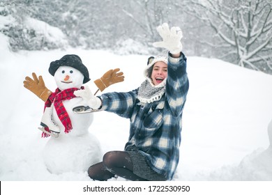 Women In Winter Clothes. Happy Winter Time. Winter Portrait. Christmas Winter Poeple. Enjoying Nature Wintertime