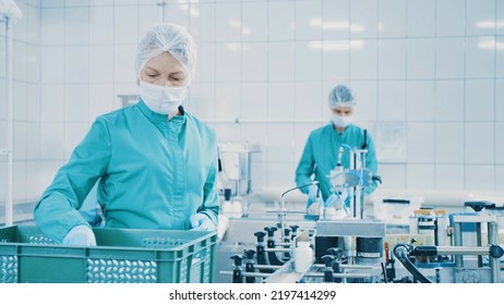 Women Work On The Capsule Packaging Line And Put The Finished Product Into A Box. Bottles On A Conveyor Belt. Production Line Of Pharmaceutical Manufacturing. Pharmaceutical Industry