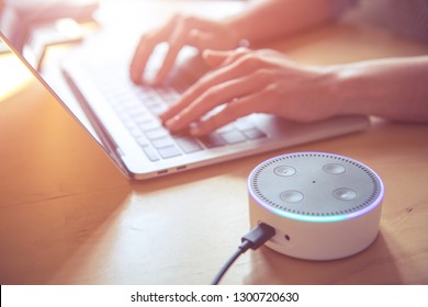 Women working on her computer with voice assistant