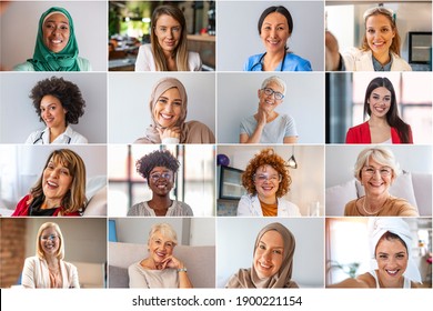 Women Of The World - Real People. Collage Of Portraits Of Women Around The World, Real People. Collage Of Young International Women Smiling. Montage Composite Image Of Multi Ethnic Women