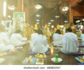 Women Are Worshiping Buddha Statue On Dharma In Temples. To Purify The Mind And Prepare For The Dharma On The Day Of The Buddha, Activities On Buddhist Monks Day, Blurred Photo