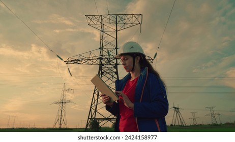 Women-engineer hard hat with tablet computer look power line. Concept energy business technology industry. Delivery electric energy consumer. Electrical technician of diagnosis power transmission
