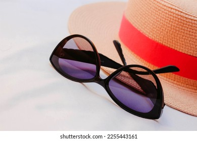 Women's Beach Hat and Sunglasses. Top View. - Shutterstock ID 2255443161