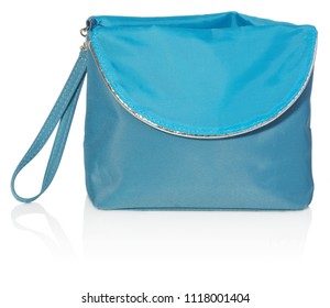 Women's beautician to store cosmetics. Purse for women made of turquoise material with silver borders, space for a logo. Fashionable object isolated on a white background with a slight reflection.