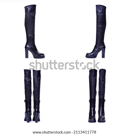 Womens black boots with a pattern on an isolated white background.