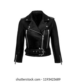 Womens Black Leather Jacket Isolated On White Background. 