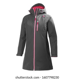 Women's Black Sporty Winter Windproof Jacket Isolated On White. Waterproof Long Raincoat Coat With Hood And Zipped Pockets. Best Breathable Warm Outdoor Clothing For Hiking Travel. Adjustable Cuffs