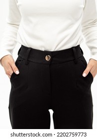 Women's Black Trousers. Woman In Pants And White Turtleneck. Clothes For Work, College Or School. Office Dress Code