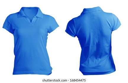 Women's Blank Blue Polo Shirt, Front And Back Design Template